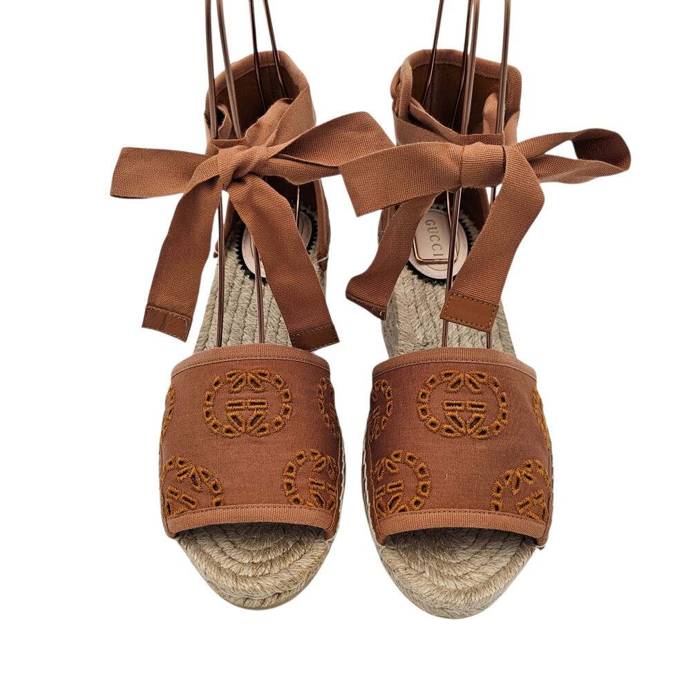Gucci GG Espadrille Wedge Sandal Eyelet Canvas Ankle Tie Brown Size 37 US 7 - Picture 3 of 12